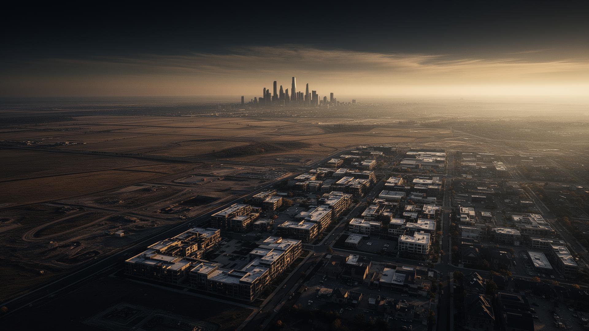 Aerial view of land development at golden hour
